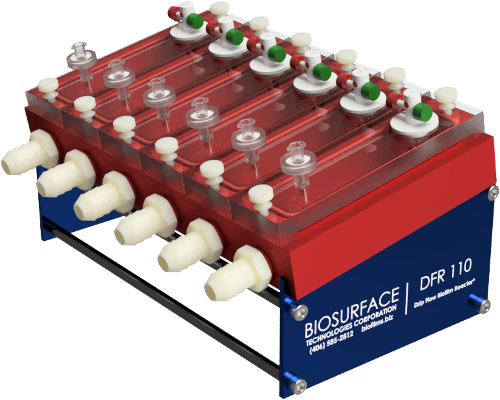 DFR110-6AL-Render Red-anodized aluminum 6-channel Drip Flow Biofilm Reactor and stand